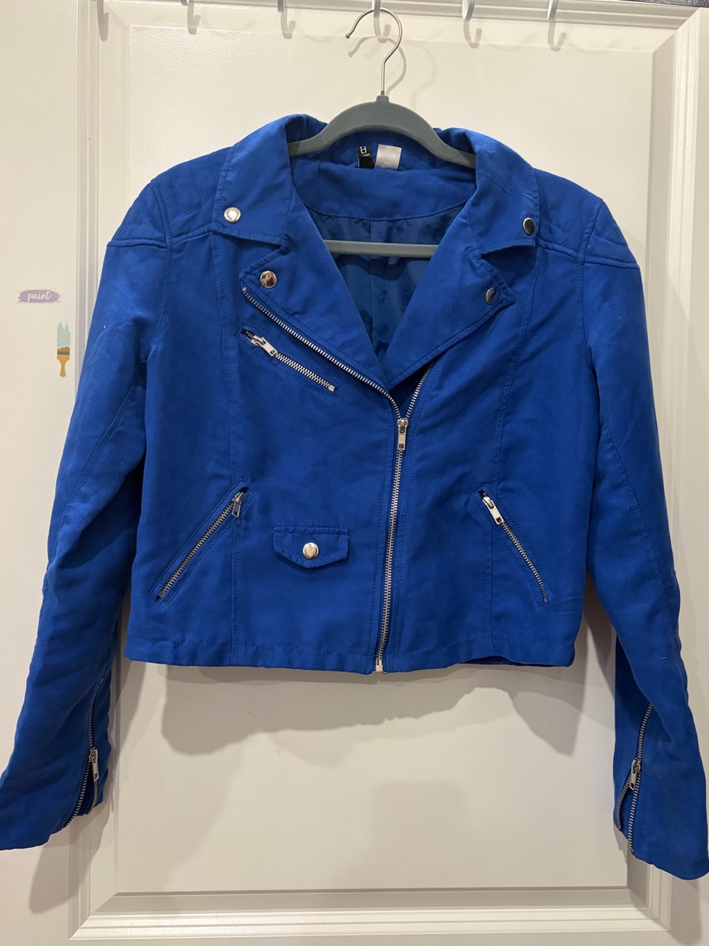 H&M Cobalt Blue Cropped Biker Moto Jacket Suede